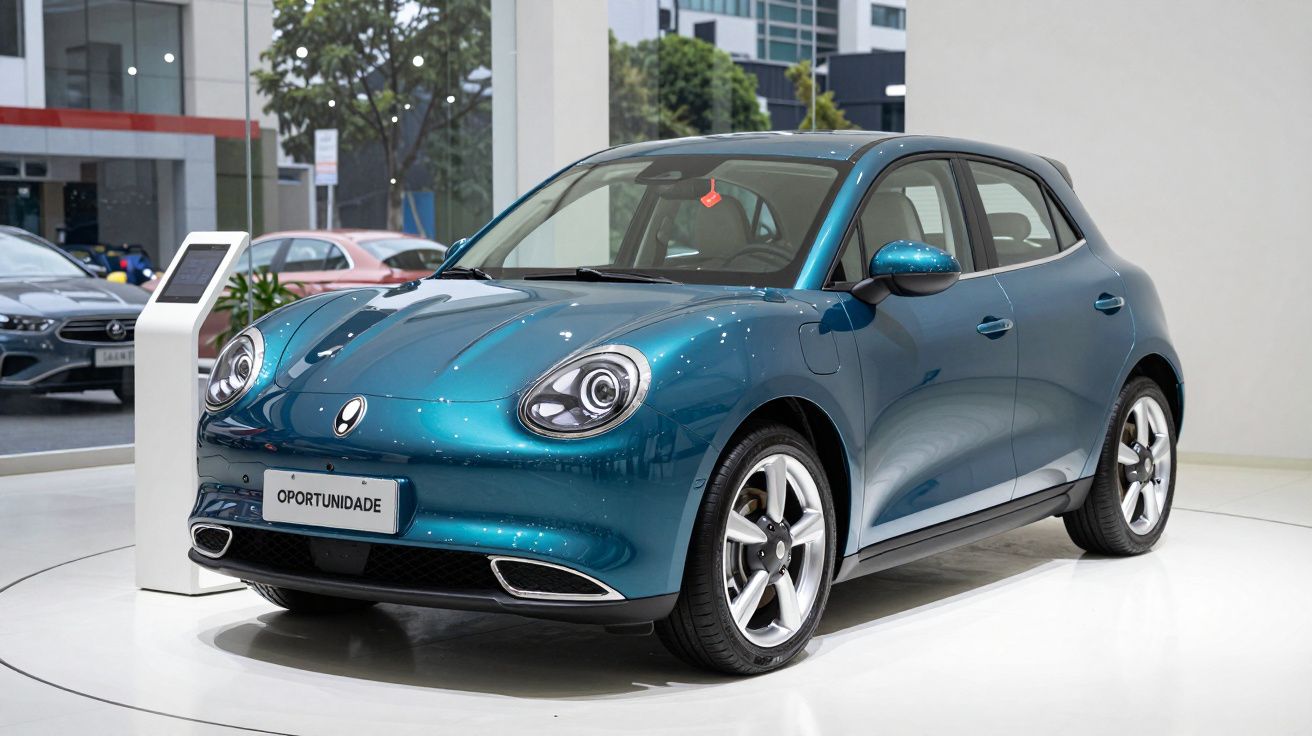 Automóvel compacto azul metálico exposto em sala de vendas moderna, placa com a palavra OPORTUNIDADE.