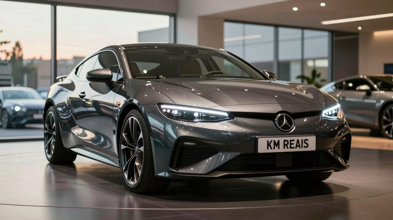 Carro desportivo cinza metálico Mercedes-Benz em exposição numa sala moderna com iluminação interior.