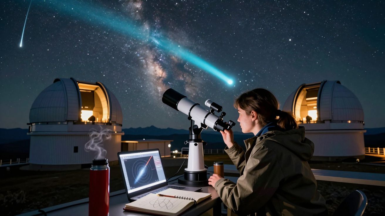 Astrónoma observa céu estrelado e via láctea através de telescópio entre observatórios e cometa visível.