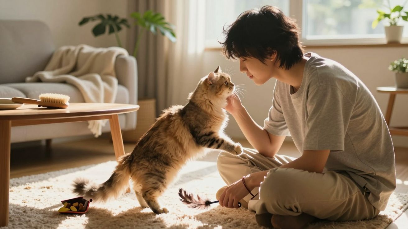 Pessoa sentada no chão a brincar e acariciar um gato num ambiente acolhedor com luz natural.