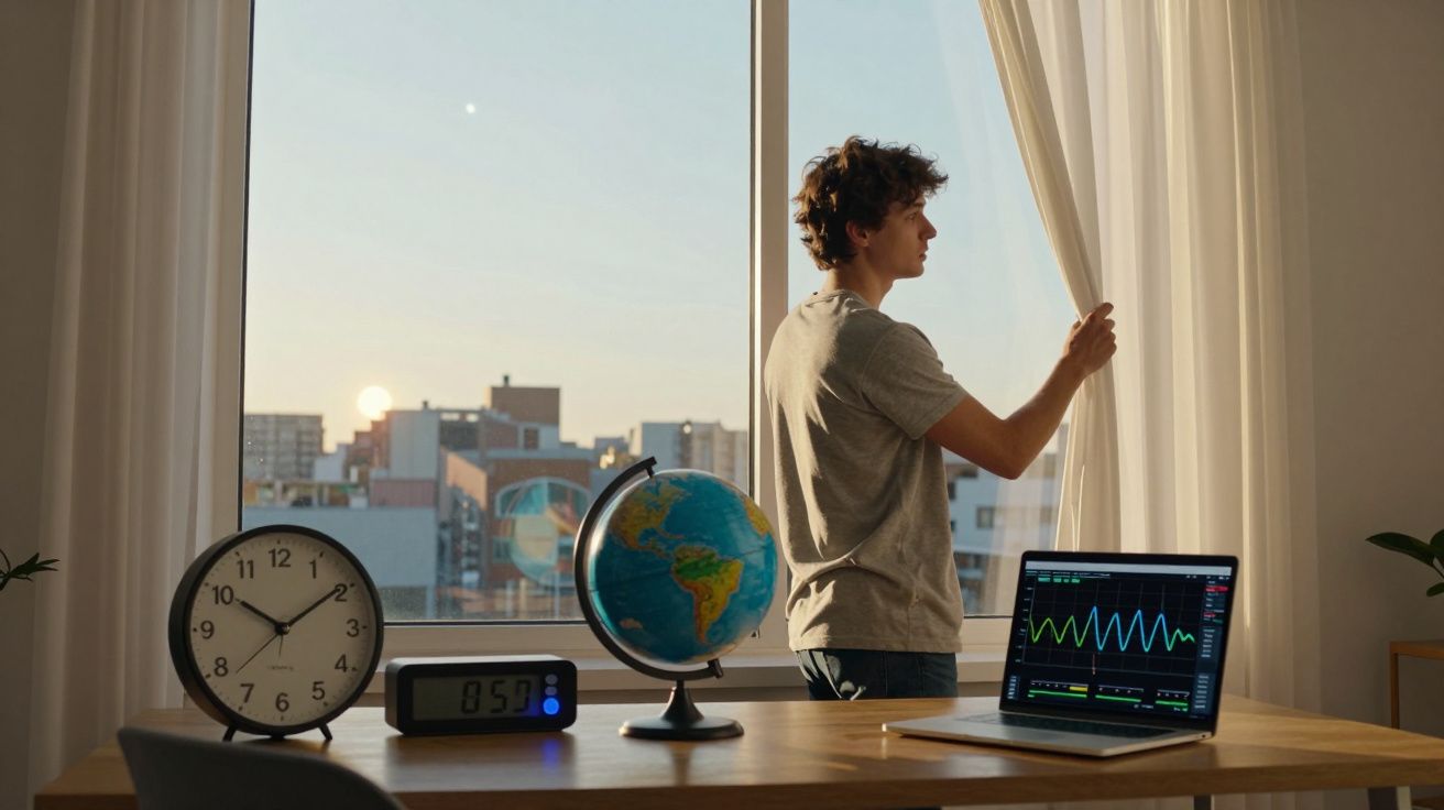 Jovem a abrir cortina de janela com vista para cidade, mesa com relógios, globo terrestre e portátil com gráficos.