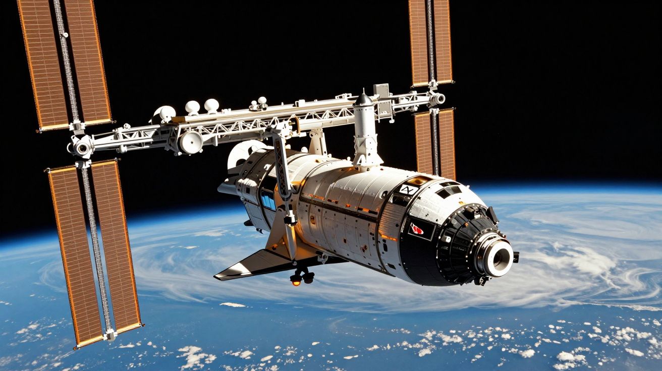 Estação espacial em órbita terrestre com painéis solares grandes e Terra visível ao fundo.