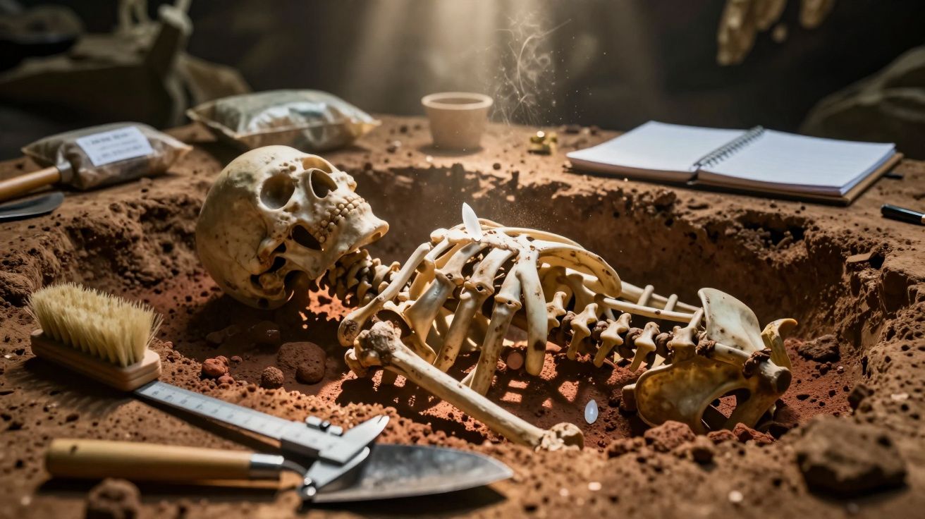 Esqueleto humano parcialmente desenterrado com ferramentas arqueológicas ao redor numa escavação.