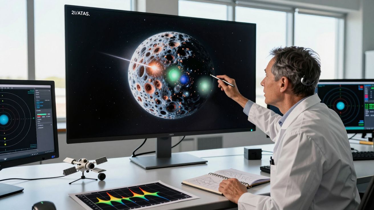 Cientista em laboratório analisa imagens e gráficos de um planeta ou lua com crateras numa grande tela.