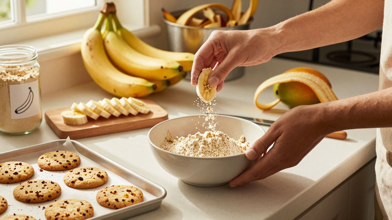 Pessoa a acrescentar fatias de banana a uma taça com aveia numa cozinha iluminada.