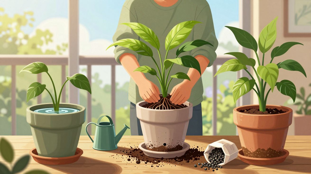 Pessoa a transplantar planta em vaso, com regador e vasos com plantas numa mesa perto da janela.