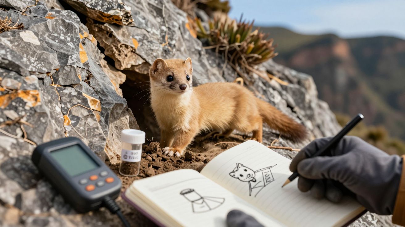 Doninha num rochedo perto de equipamento de campo e um caderno com desenhos da mesma espécie.
