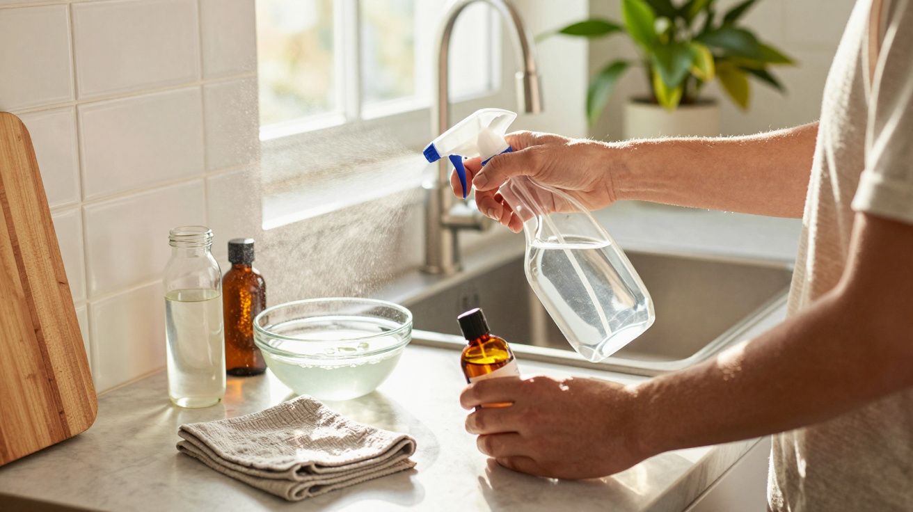 Mãos de pessoa a borrifar líquido de garrafa spray numa cozinha com frascos e uma tigela na bancada.