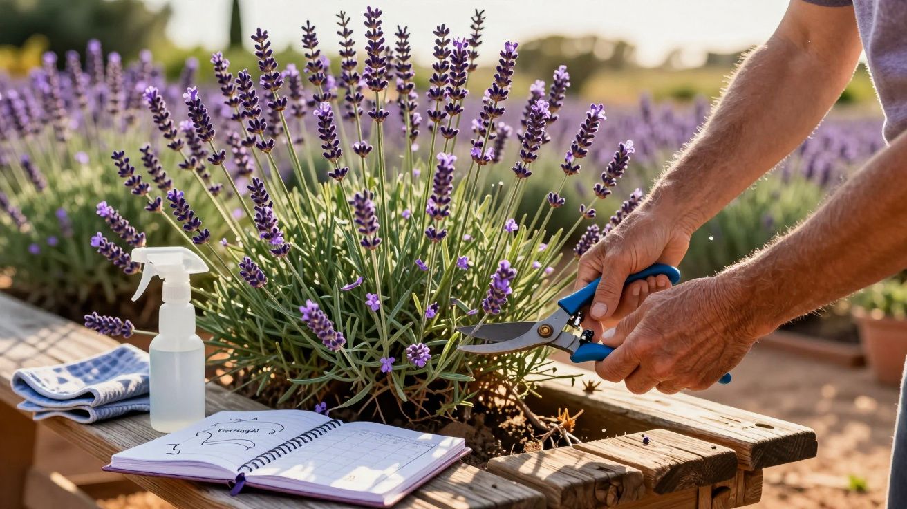 Pessoa a podar plantas de lavanda num canteiro de madeira ao ar livre, com caderno e pulverizador ao lado.