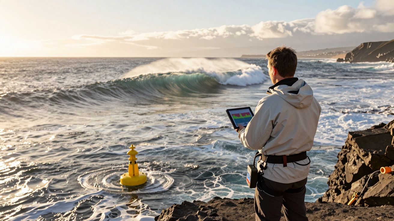 Homem com casaco branco segura tablet perto da costa rochosa enquanto ondas do mar quebram ao pôr do sol.