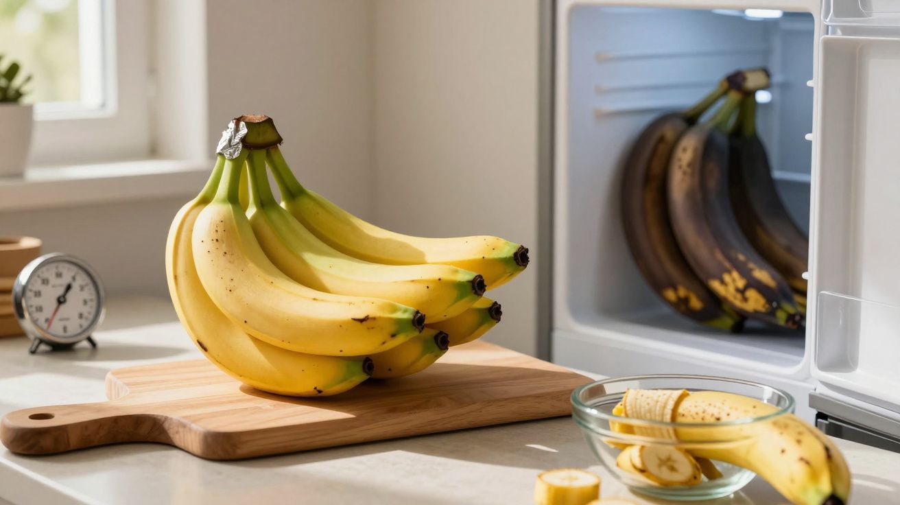 Cacho de bananas maduras num tabuleiro, bananas maduras na mini-frigorífico e fatias numa taça de vidro.
