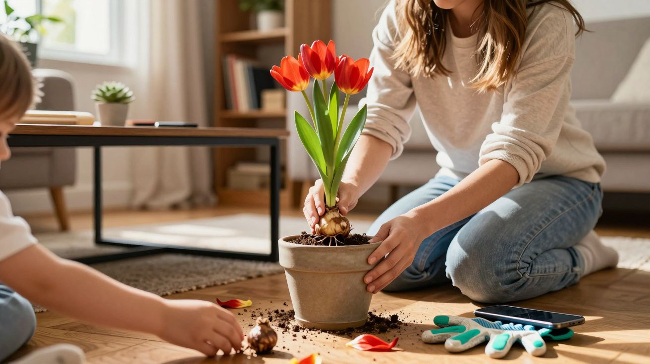 Mulher e criança plantam tulipas vermelhas em vaso no chão de uma sala iluminada.