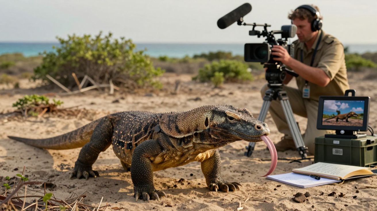 Dragão-de-komodo na areia com um cineasta a filmar com câmara profissional na natureza.