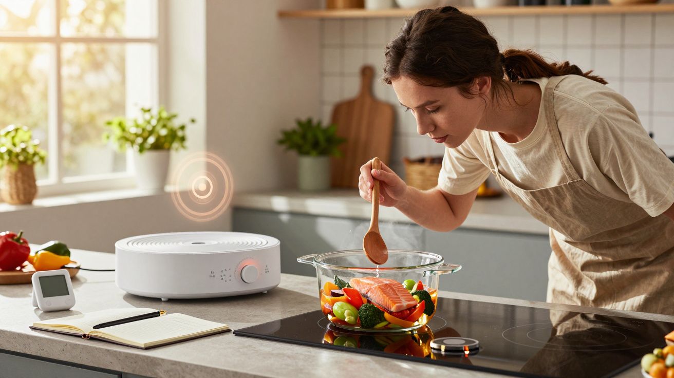 Mulher a cozinhar salmão e legumes numa cozinha moderna, provando o prato com uma colher de pau.