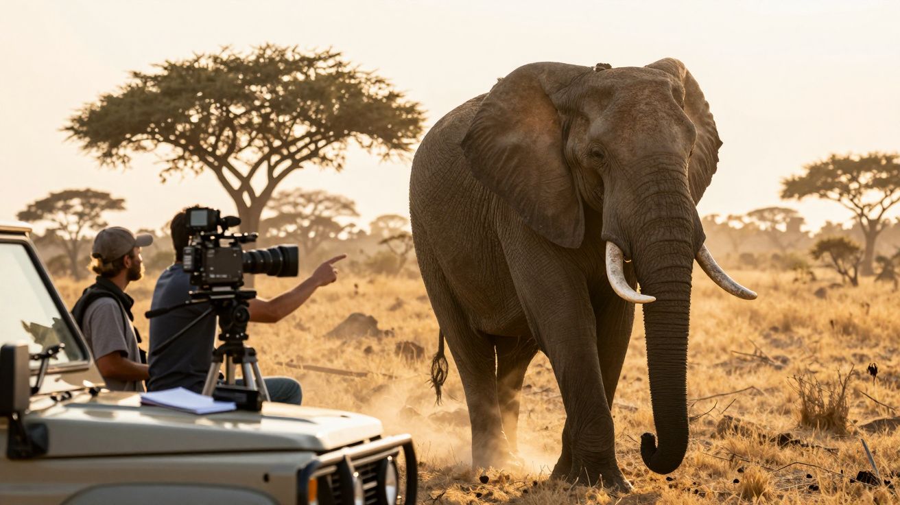 Elefante africano em savana ao pôr do sol, com duas pessoas a observá-lo e filmá-lo a partir de um jipe.