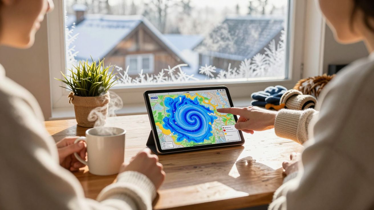 Duas pessoas sentadas à mesa a analisar no tablet o mapa meteorológico de um furacão com paisagem de inverno na janela.