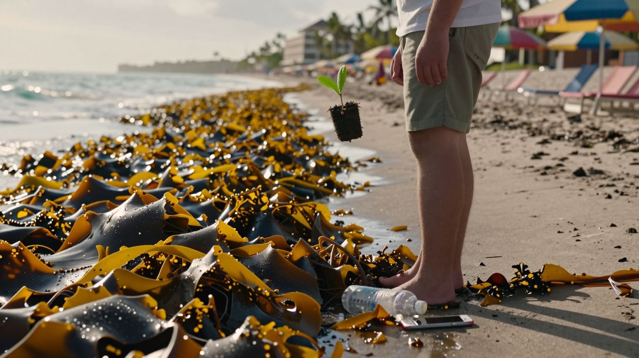 Pessoa de pé na praia com algas espalhadas na areia e uma planta num pequeno torrão de terra na mão.