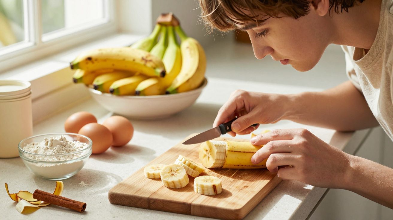 Pessoa a cortar banana em rodelas numa tábua de madeira numa cozinha iluminada, com ingredientes à volta.