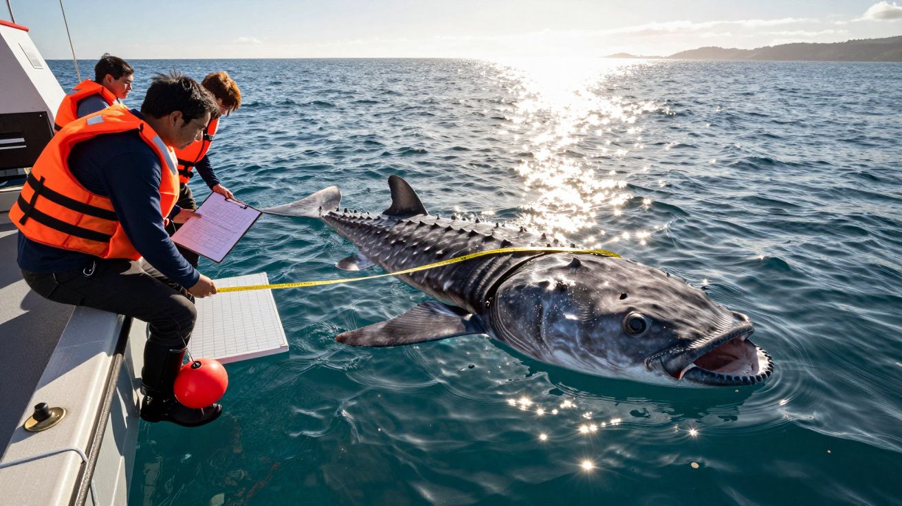 Três pessoas com coletes salva-vidas medem um peixe grande e escamoso à beira de um barco no mar calmo.
