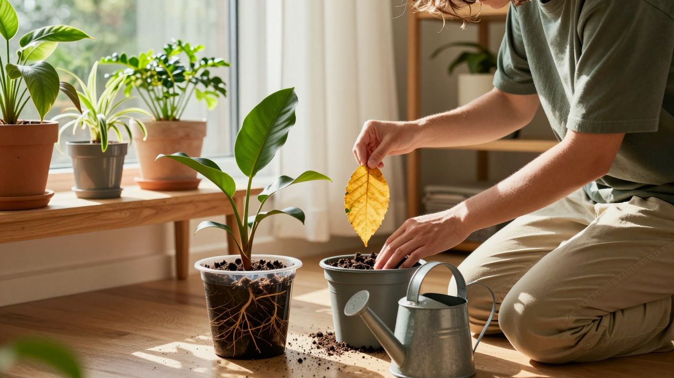 Pessoa a cuidar de plantas em vasos, removendo uma folha amarelecida num ambiente iluminado.
