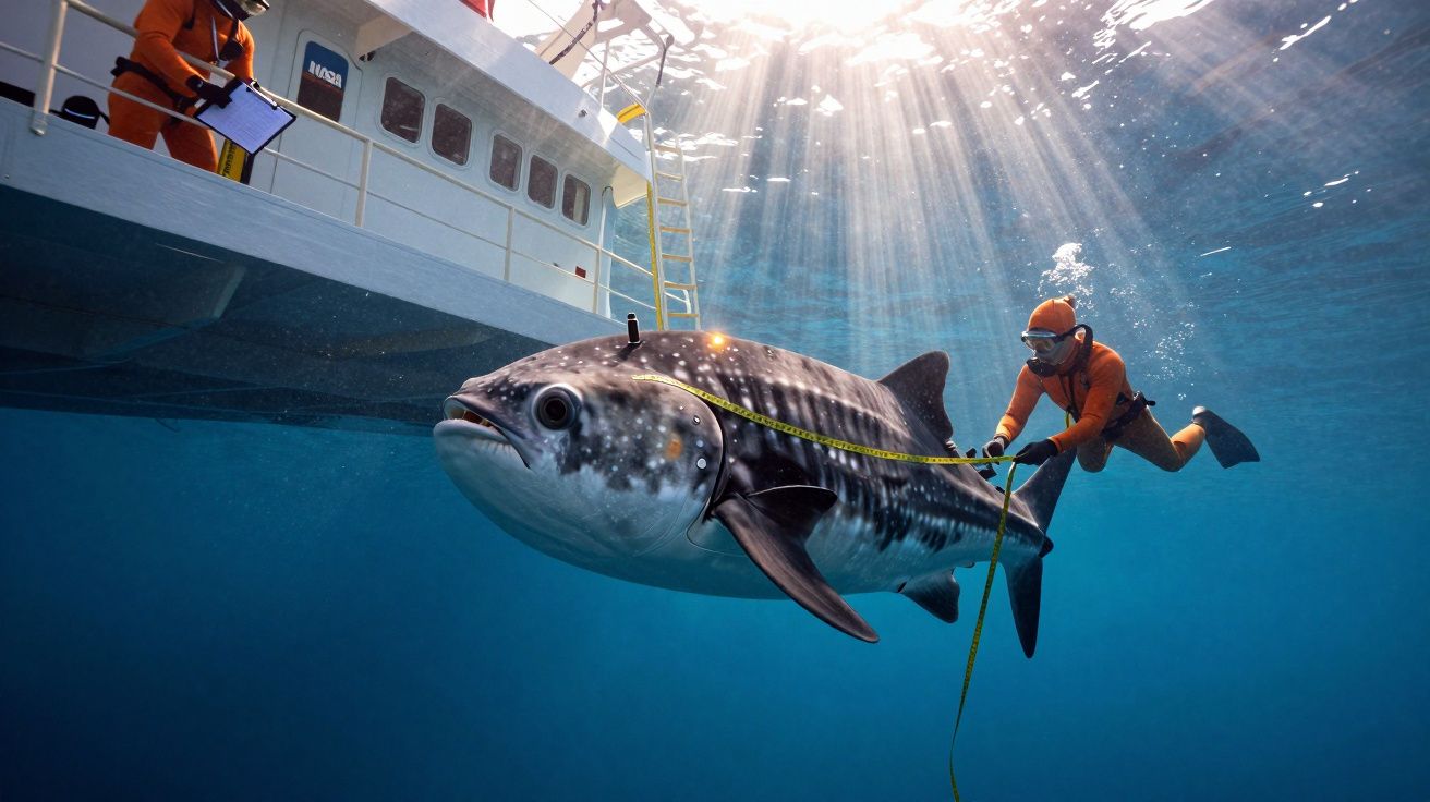 Mergulhador mede peixe-espada gigante com fita métrica enquanto outro observa de barco à superfície.