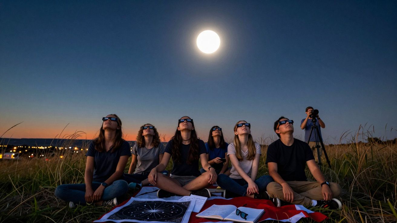 Seis jovens sentados na relva ao entardecer observam a Lua cheia usando óculos especiais.