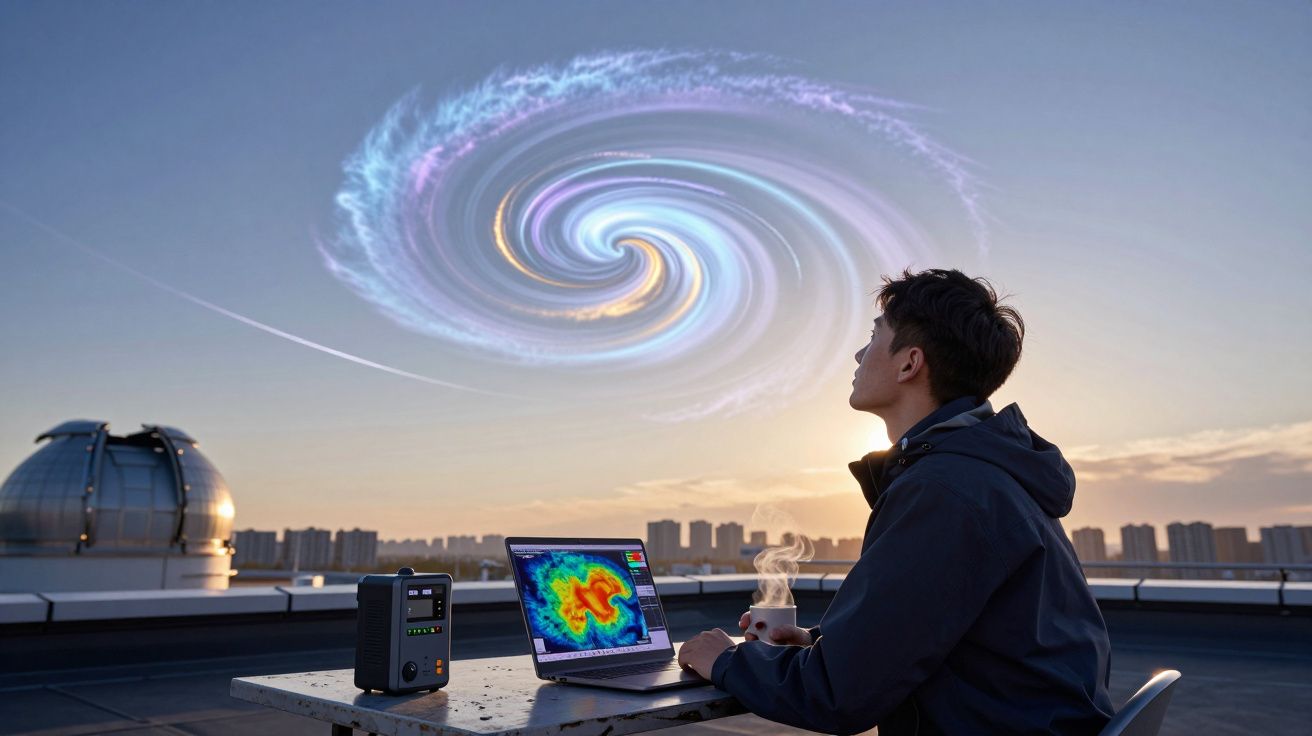 Homem sentado numa varanda à noite, com laptop e céu estrelado com redemoinho colorido acima.