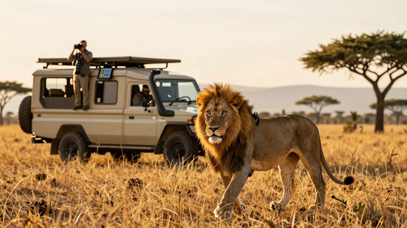 Leão macho adulto com coleira de rastreamento na savana, perto de jipe de safári com turistas a observar.