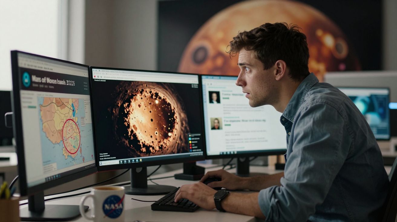 Homem a analisar imagens e informações científicas de corpos celestes em três monitores num escritório.