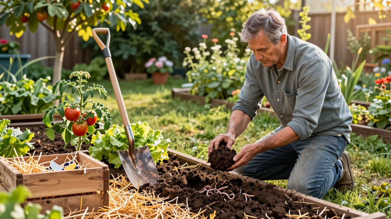 Homem a jardinar, segurando terra com minhocas numa cama de cultivo com tomateiros e alfaces.