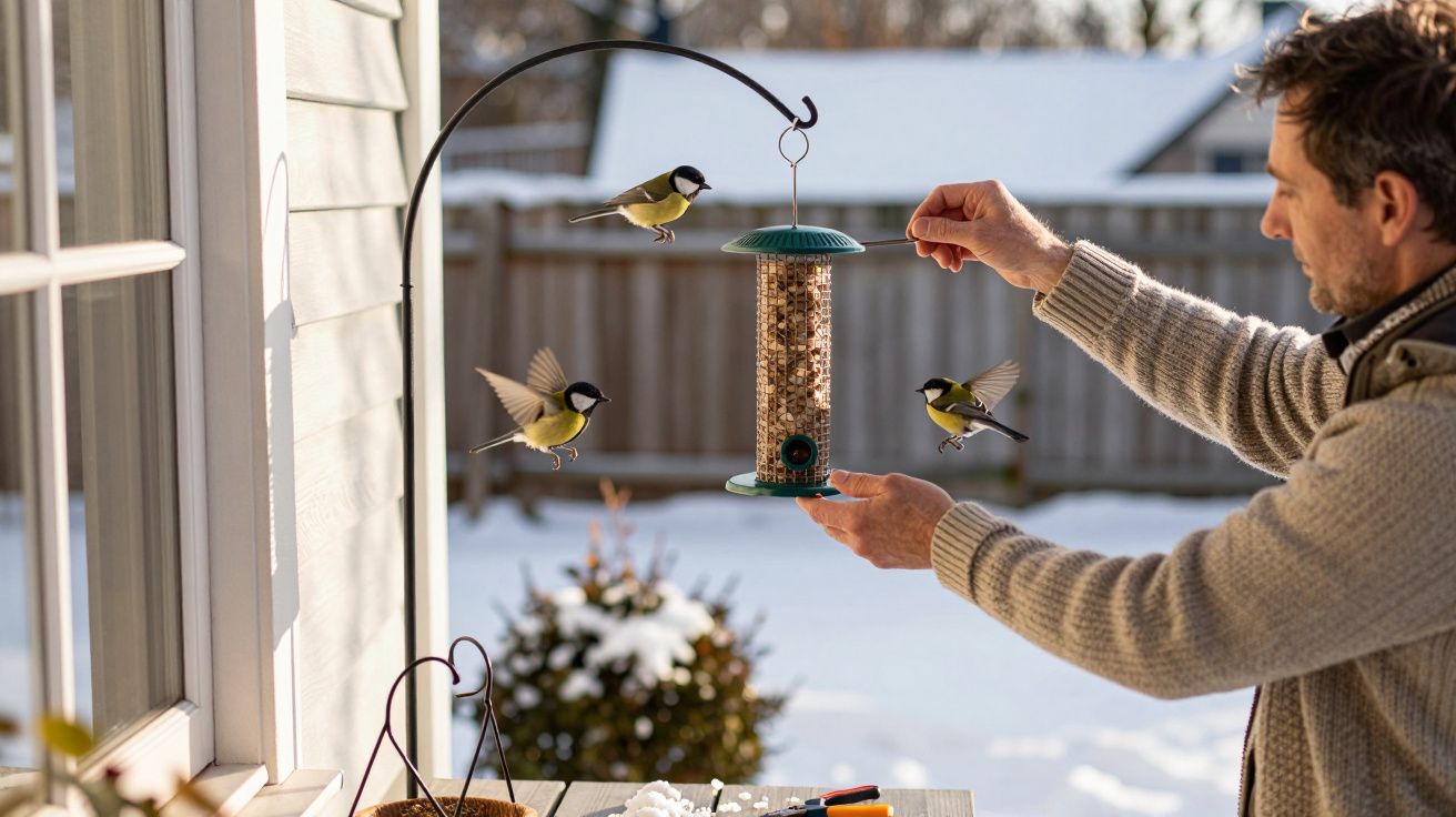 Homem a colocar comedouro para pássaros com três pássaros perto, cenário de inverno com neve.