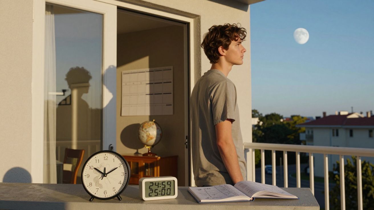 Jovem observa a lua ao entardecer numa varanda com livros e relógios  analógicos e digitais.