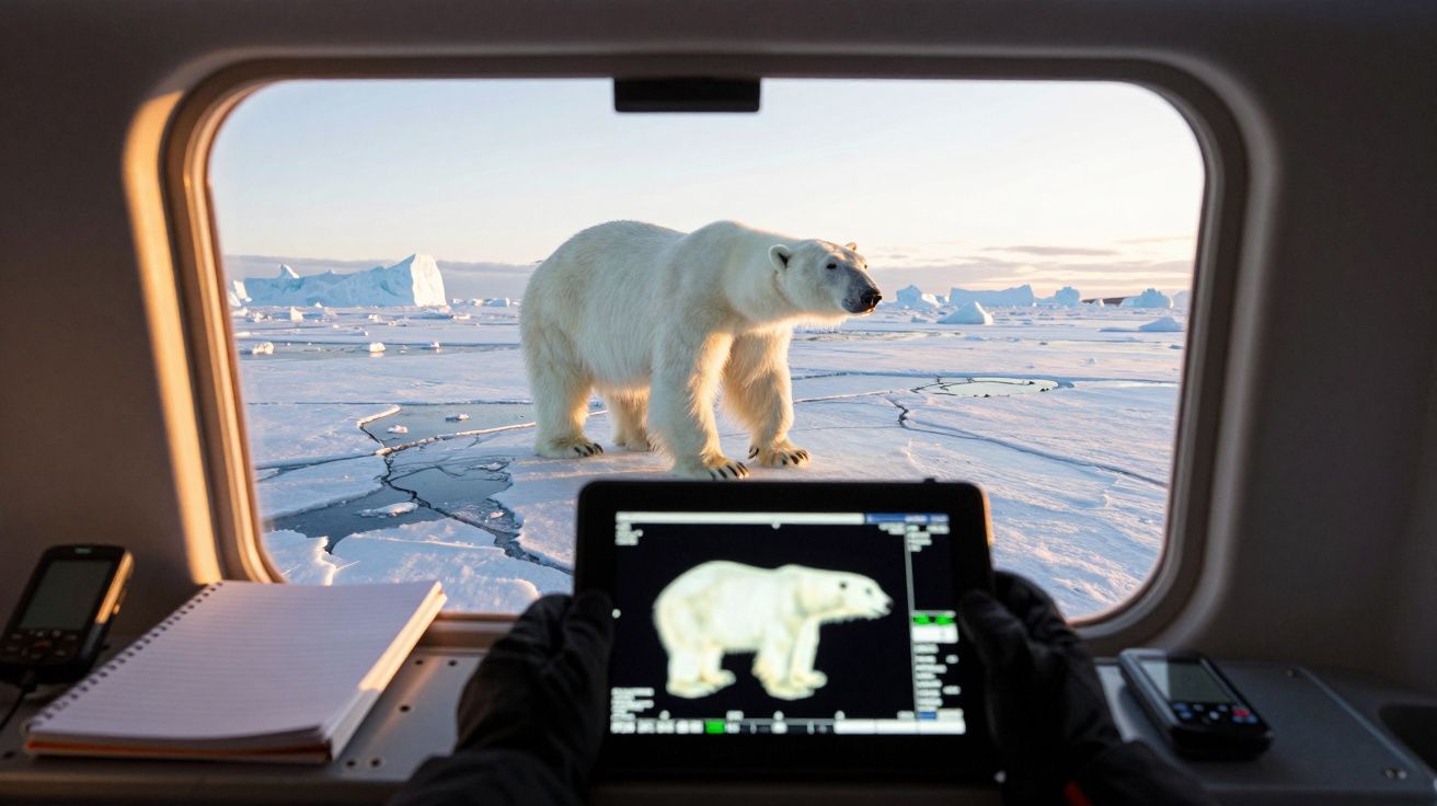 Urso polar em paisagem gelada visto através da janela de uma embarcação com equipamento de monitorização.