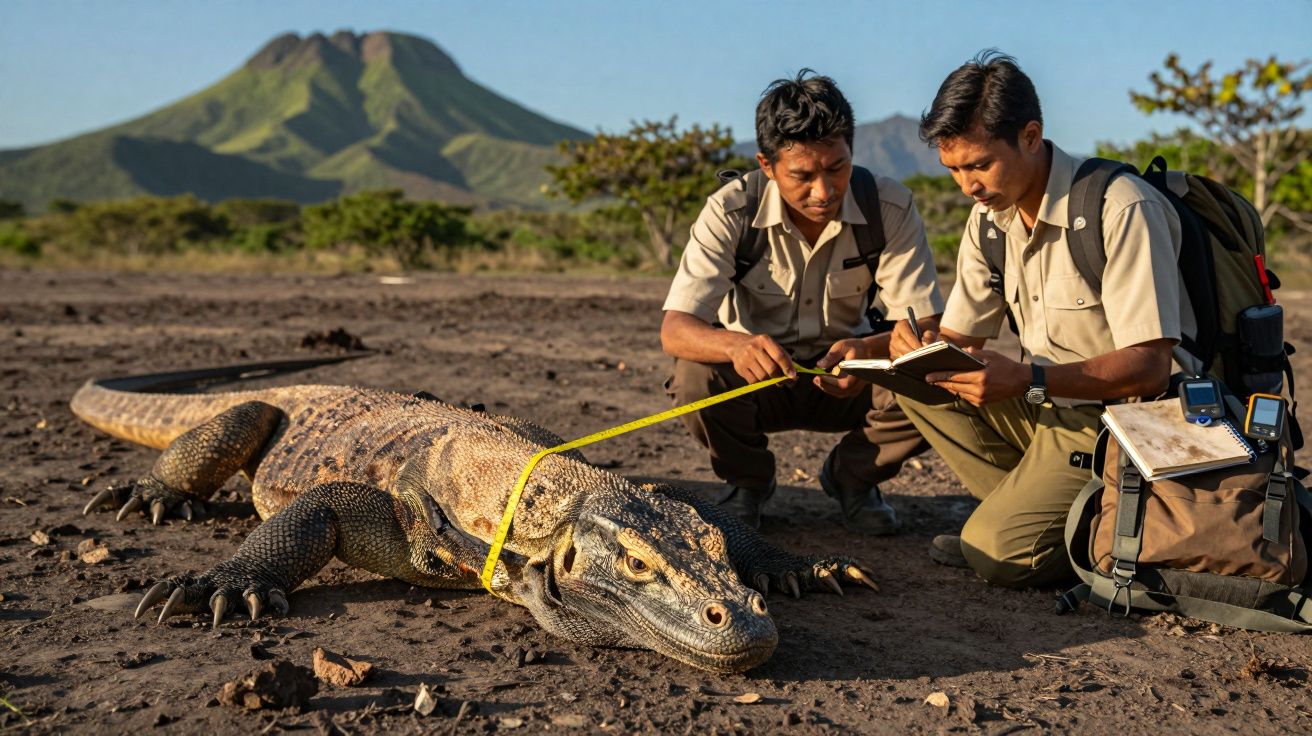 Dois biólogos medem um dragão de komodo na natureza com montanha ao fundo e céu azul.