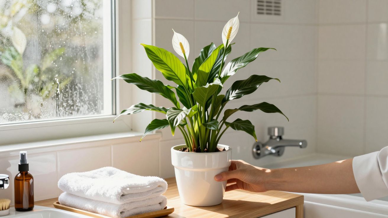 Mão a colocar vaso branco com planta Espada-de-São-Jorge em bancada de banheiro com toalhas e janela.