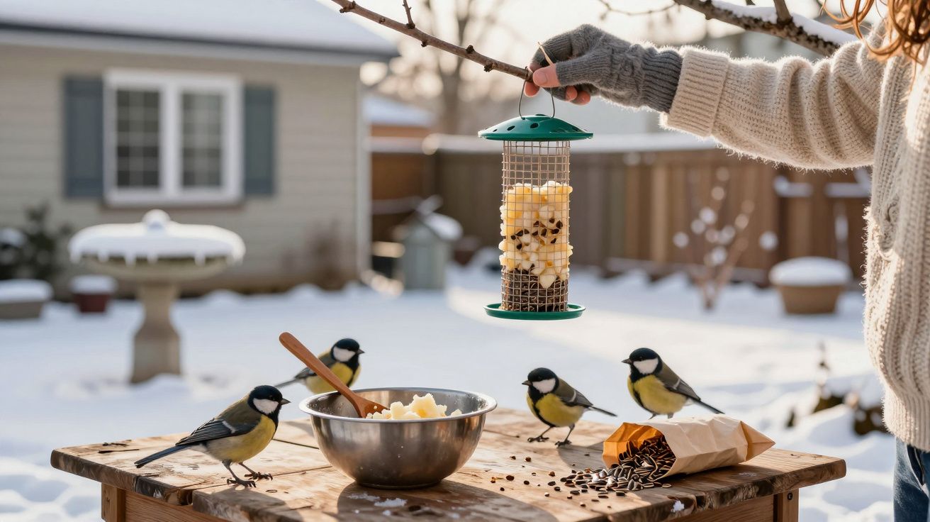 Pessoa com luvas a pendurar comedouro com sementes para aves numa mesa com pássaros e neve à volta.