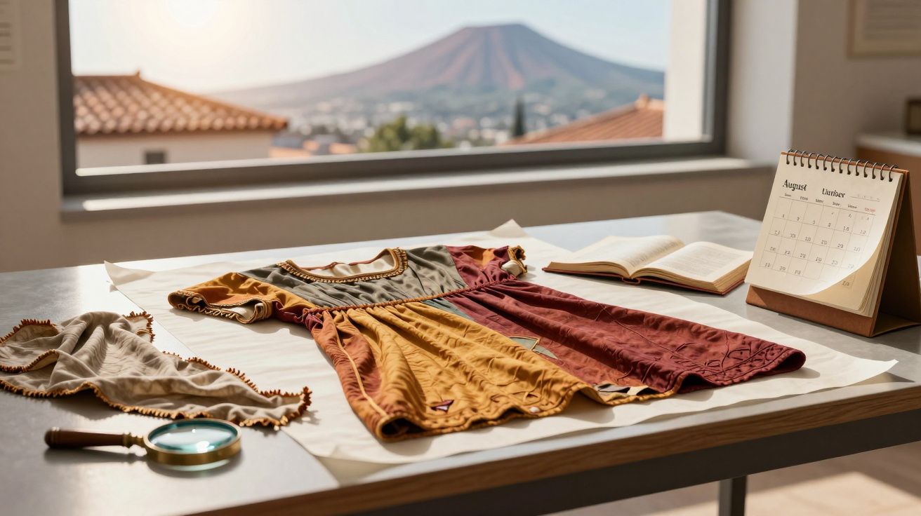 Vestido colorido, lupa, calendário e livro sobre mesa com janela a mostrar montanha ao fundo.