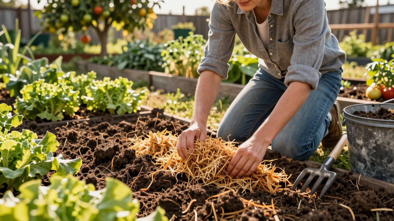Pessoa a colocar palha em canteiro de horta rodeada por plantas e vasos de tomate.