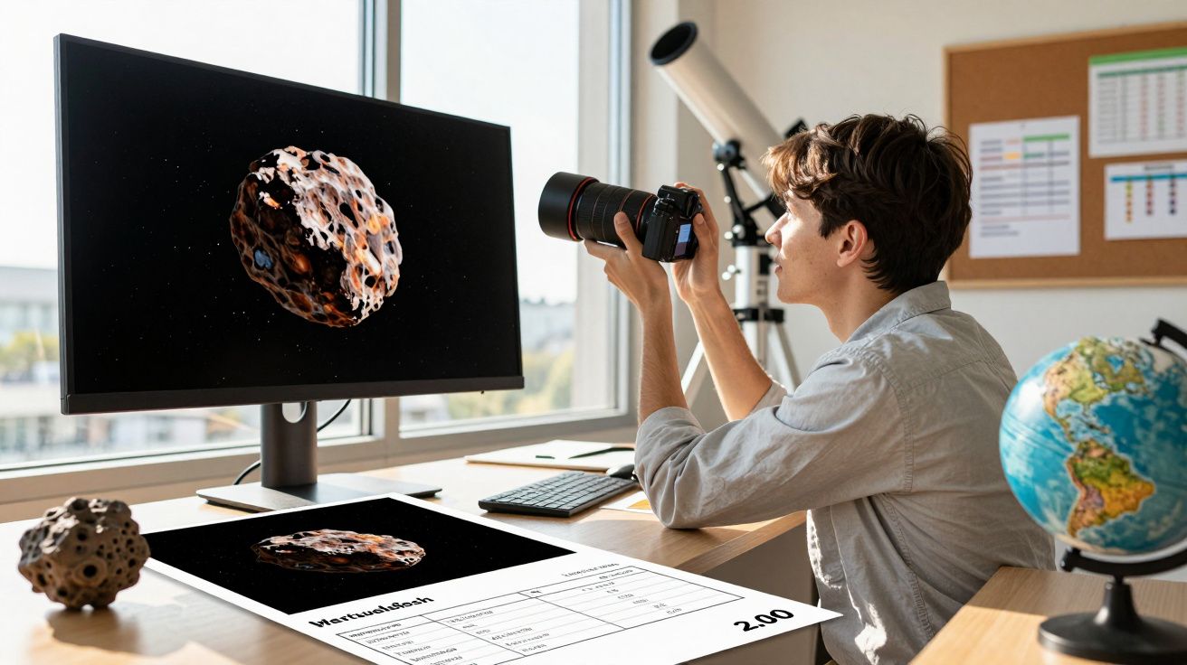 Pessoa jovem tirando foto de modelo de asteróide em ambiente de estudo com monitor e globo terrestre.