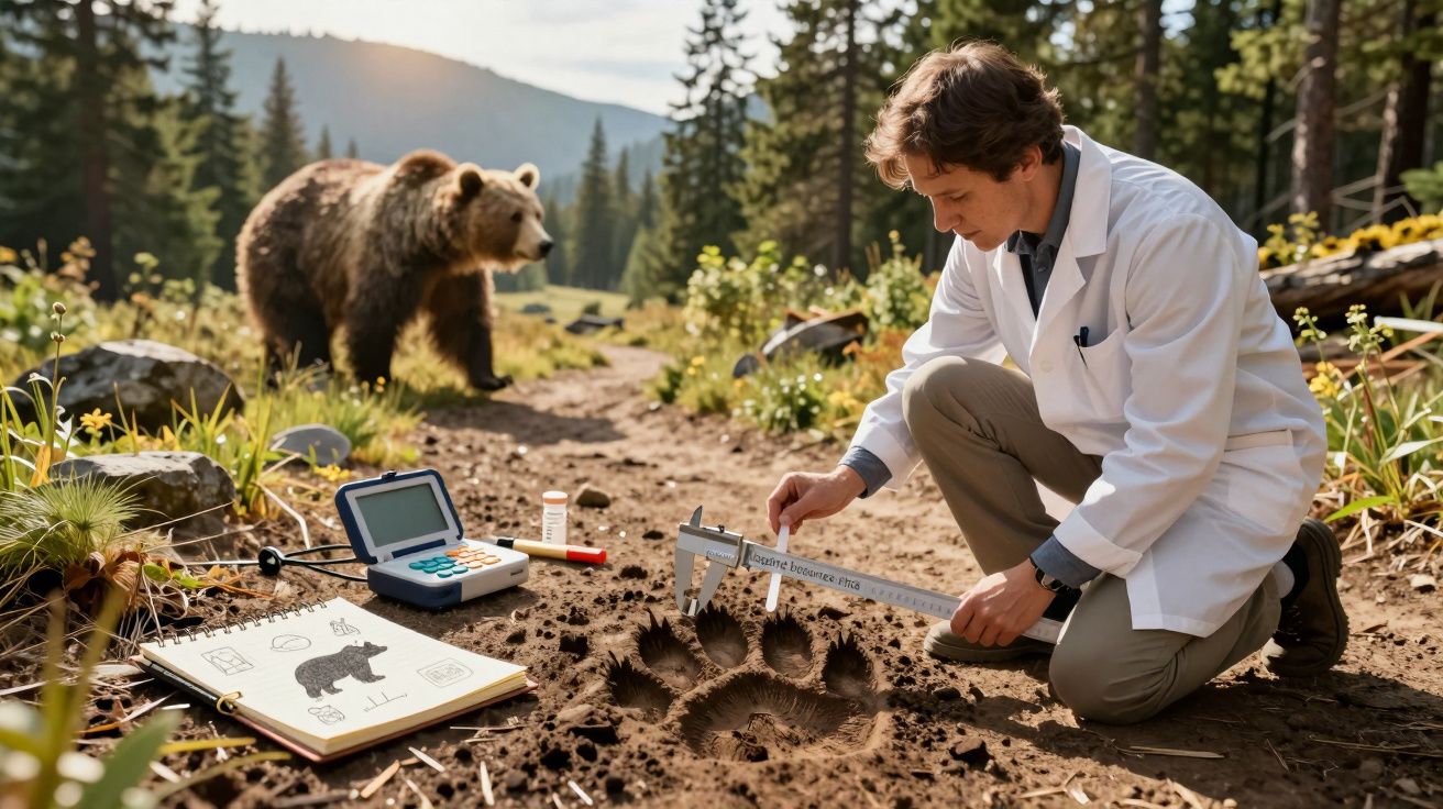 Cientista mede pegadas de urso numa floresta, com um urso real ao fundo e material de investigação no chão.