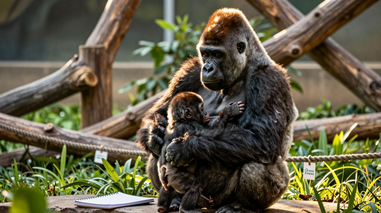 Gorila adulto a abraçar um bebé gorila num ambiente exterior com plantas e troncos à volta.