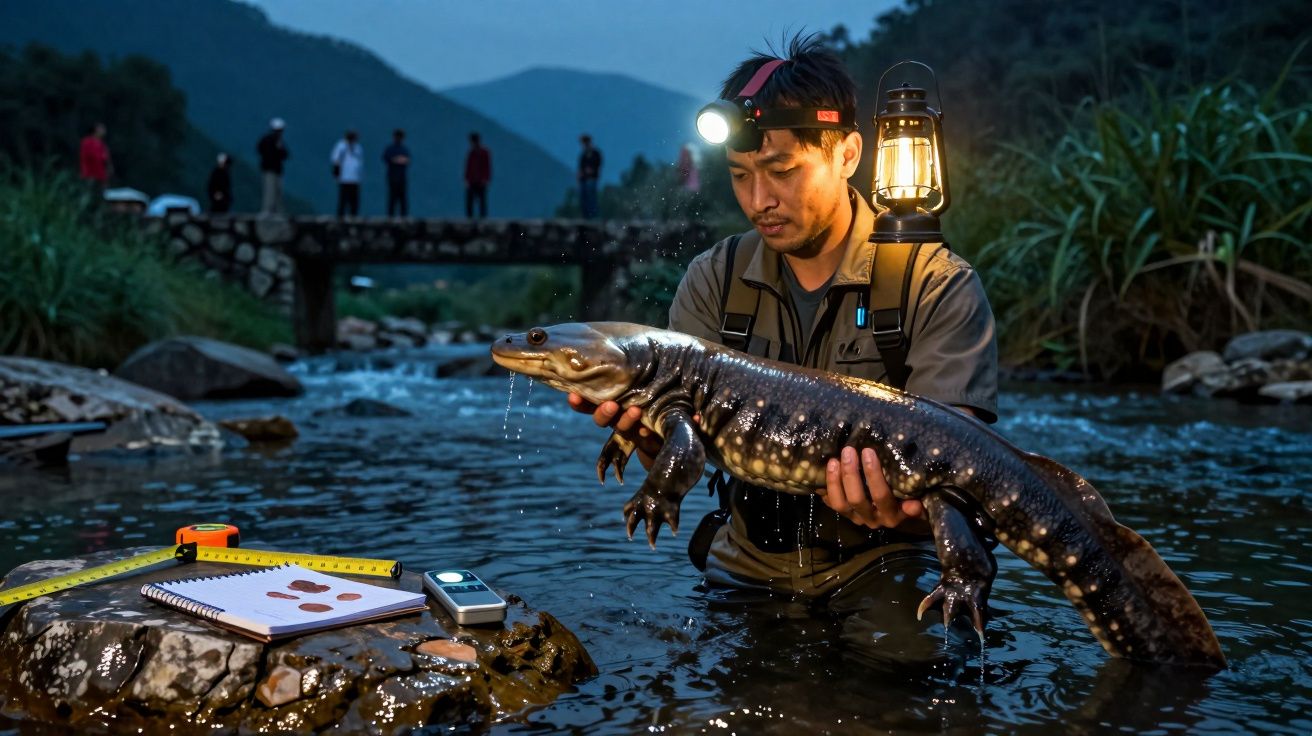 Homem segura salamandra gigante na água, com lanterna nas costas e equipamentos de pesquisa na pedra próxima.