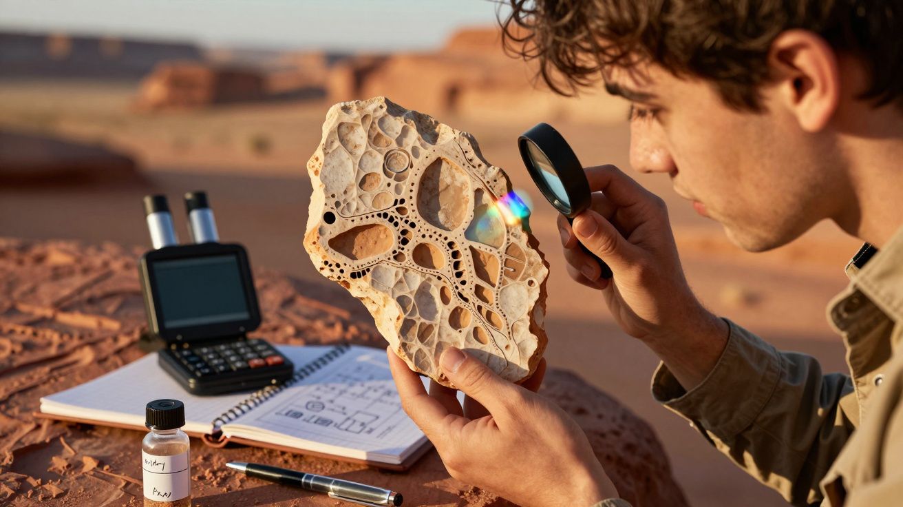Homem a examinar uma rocha com buracos usando uma lupa num ambiente desértico, com caderno e equipamento científica.