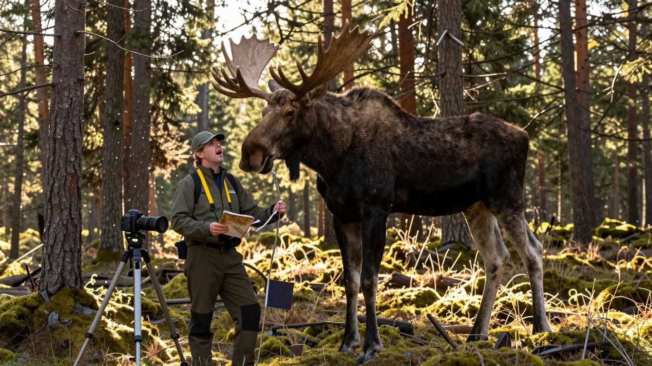 Fotógrafo com câmara e guia na mão observa um alce em pé numa floresta iluminada pelo sol.