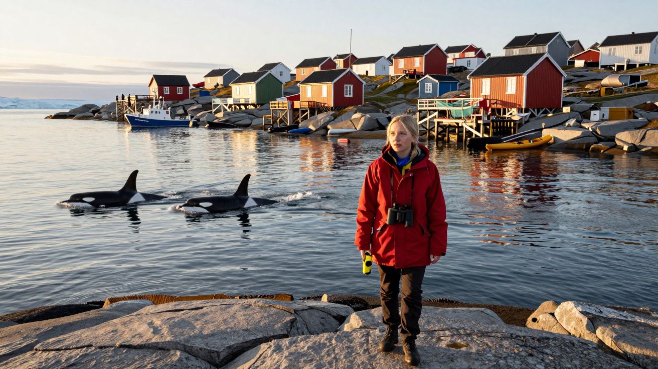 Mulher de casaco vermelho observa duas orcas junto a casas coloridas sobre rochas junto ao mar ao pôr do sol.