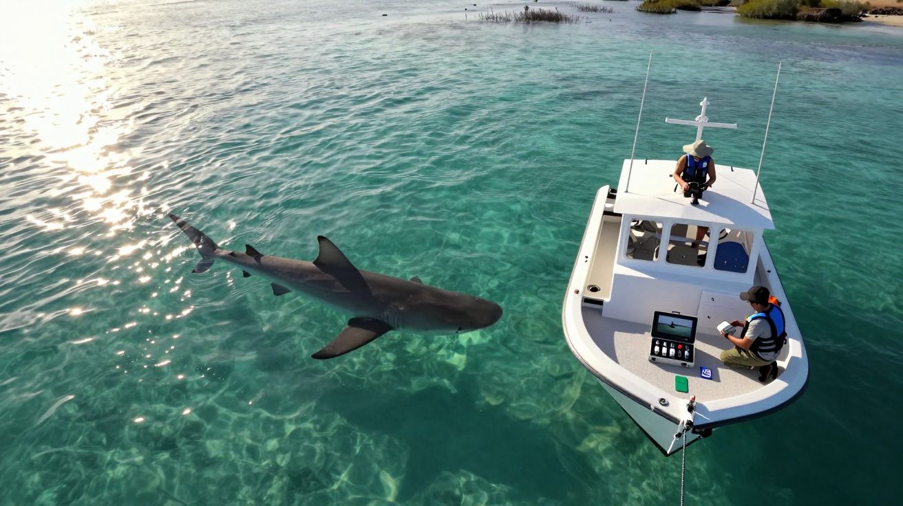 Barco de investigação no mar com dois homens a observar um tubarão nadando em água cristalina.