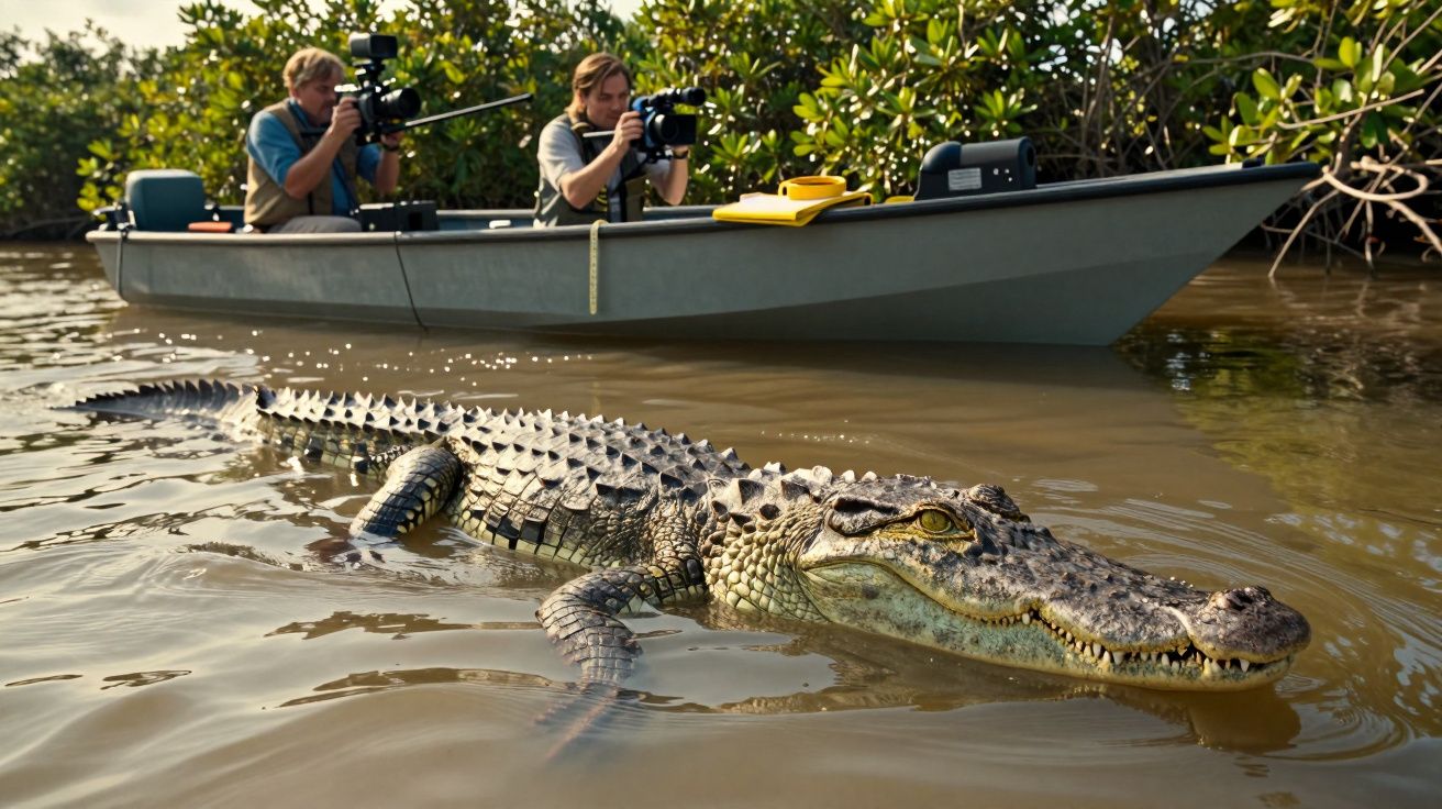 Jacaré a nadar em águas calmas com dois fotógrafos em barco próximo a fixar as câmaras.
