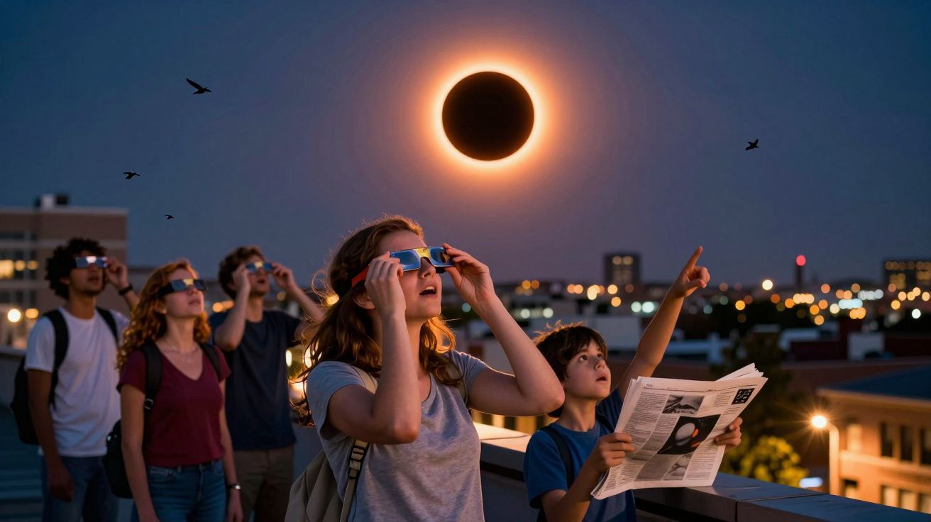 Grupo de pessoas a observar um eclipse solar total ao pôr do sol com óculos de proteção numa cidade.