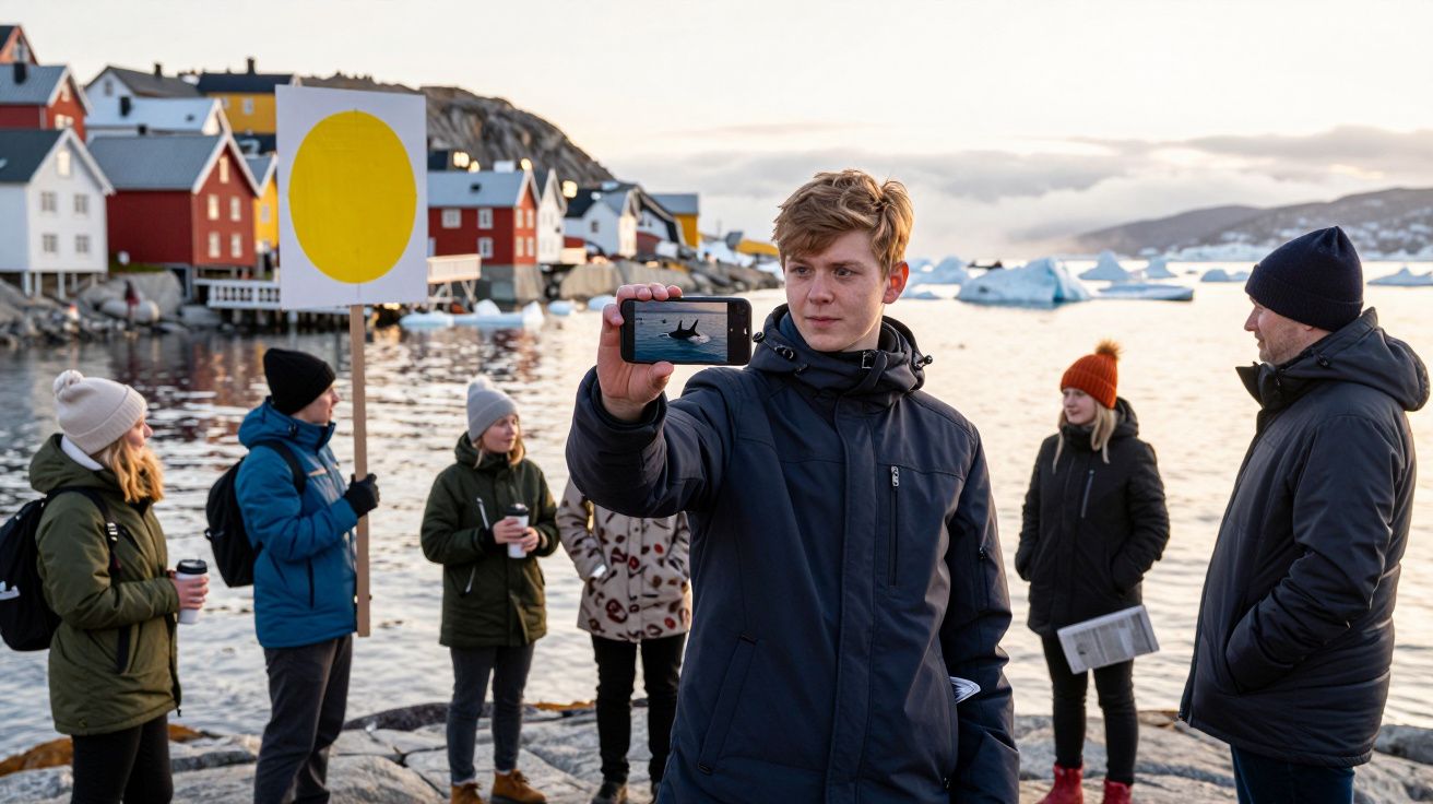 Jovem a tirar selfie com grupo junto à água, casas coloridas e icebergs ao fundo numa paisagem fria.