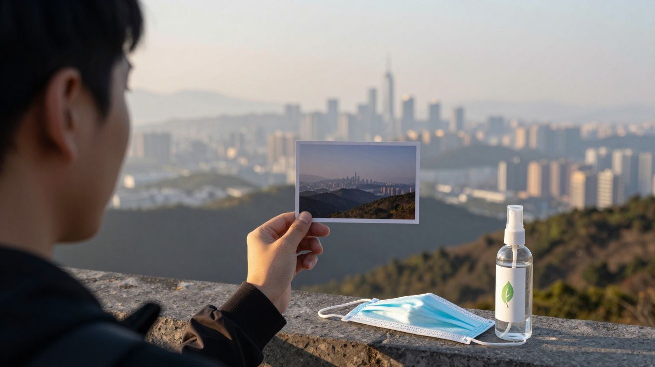Pessoa segura fotografia da paisagem urbana em miradouro, com máscara e spray desinfetante sobre parede de pedra.
